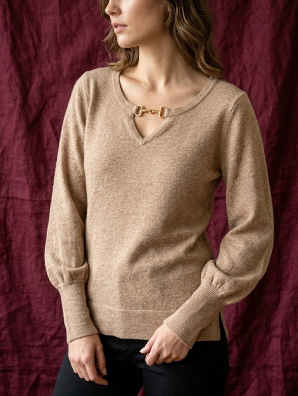 Women's Camel 100% Wool Sweater With Metal Bit Detail